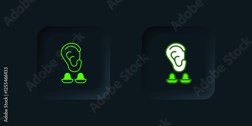 Green Earplugs and ear icon isolated on black background. Ear plug sign. Noise symbol. Sleeping quality concept. Black square button. Vector
