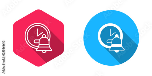 Filled and outline Alarm clock icon isolated with long shadow background. Wake up, get up concept. Time sign. Vector