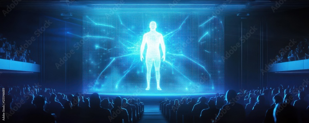 Fototapeta premium Futuristic hologram presentation in a packed auditorium with blue lighting effects