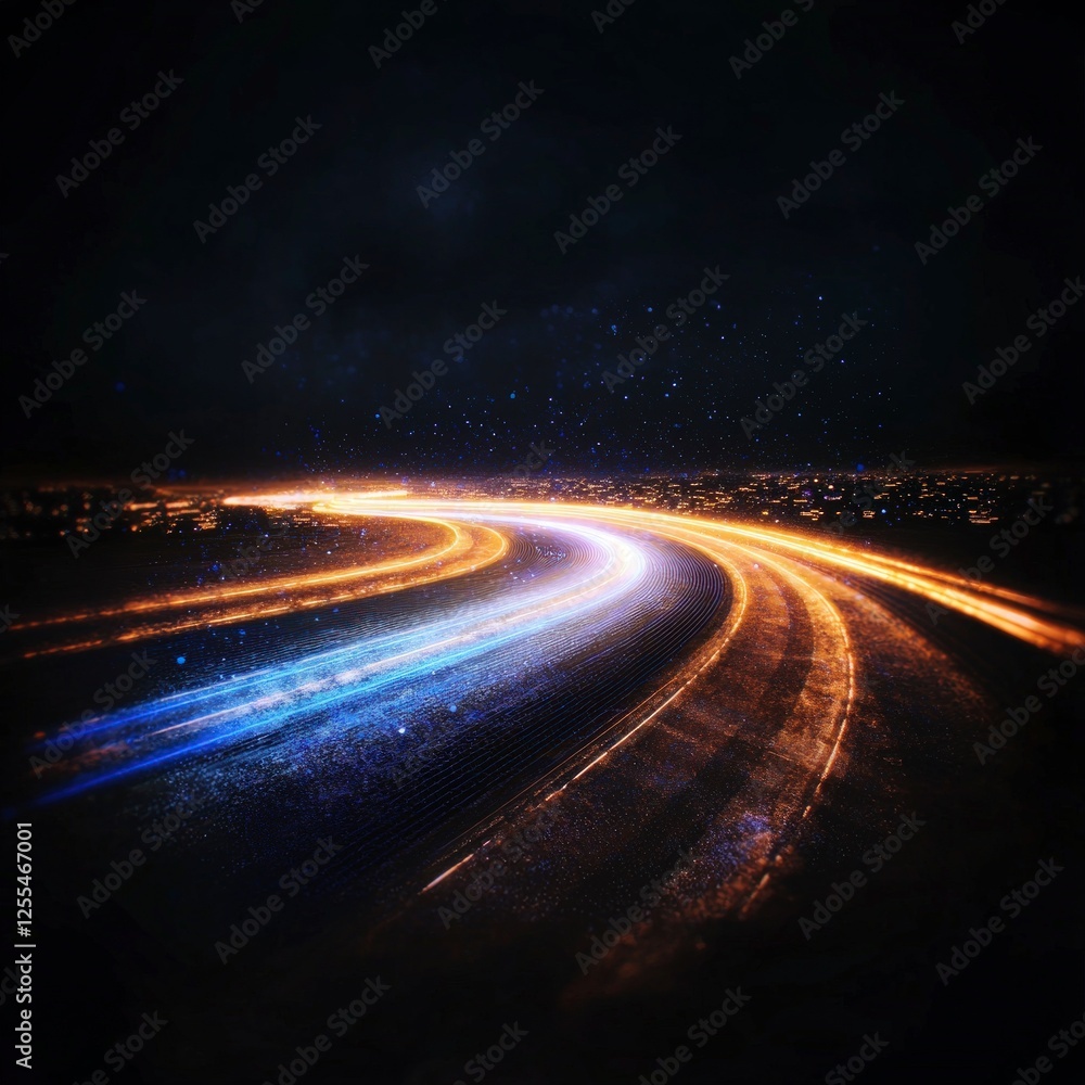 Glowing City Road at Night with Blue and Gold Light Trails Glowing City Road at Night with Blue and Gold Light Trails