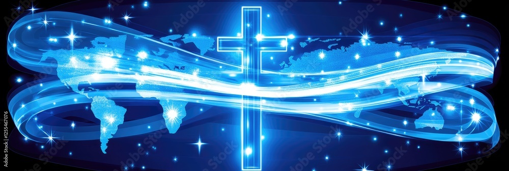Global faith, blue cross, world map, spiritual background. Website design Global faith, blue cross, world map, spiritual background. Website design