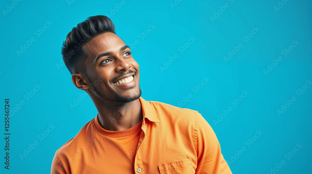 Obraz premium Happy young African American man standing isolated on blue background advertising shopping promotion, presenting product promo looking away at copy space