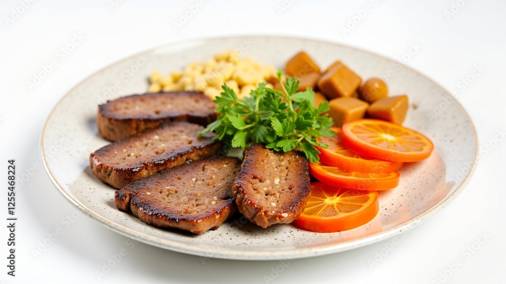 Delicious Plant-Based Meal with Meatloaf, Noodles, Citrus, and Caramel Cubes Delicious Plant-Based Meal with Meatloaf, Noodles, Citrus, and Caramel Cubes