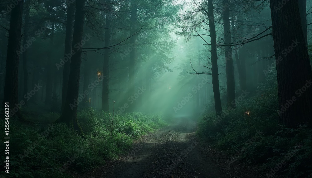 Obraz premium Ethereal Path, Sunlight Through Misty Forest Canopy, A Tranquil Scene