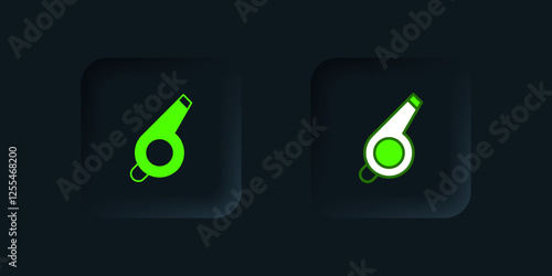 Green Whistle icon isolated on black background. Referee symbol. Fitness and sport sign. Black square button. Vector