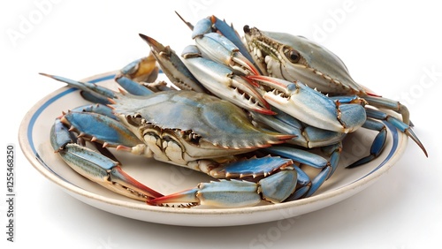 Blue Crab Feast: A plate piled high with fresh, succulent blue crabs, showcasing their vibrant blue shells and prominent claws. A tantalizing glimpse into a seafood lover's delight.