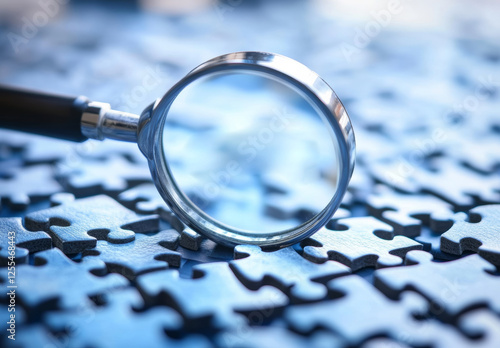 Magnifying Glass Focused on a Puzzle Piece Highlighting Observation and Analysis