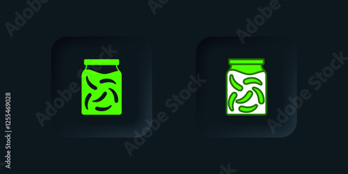 Green Pickled cucumbers in a jar icon isolated on black background. Black square button. Vector