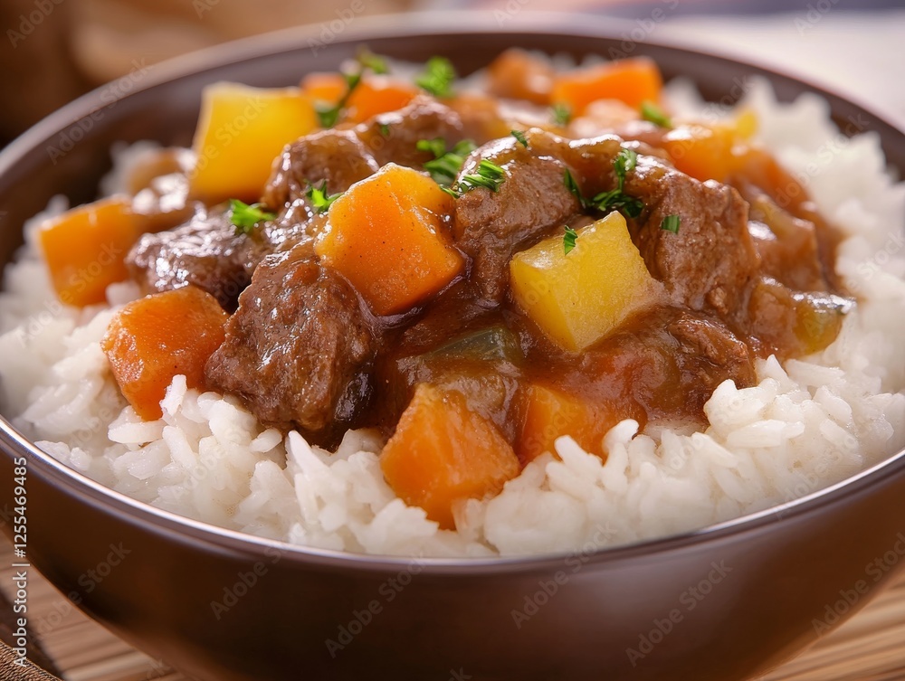 A savory bowl of rice with beef stew and root vegetables. Featuring a hearty and comforting dish with rich flavors. Highlighting a satisfying and robust meal. Ideal for beef recipes and comfort food. A savory bowl of rice with beef stew and root vegetables. Featuring a hearty and comforting dish with rich flavors. Highlighting a satisfying and robust meal. Ideal for beef recipes and comfort food.