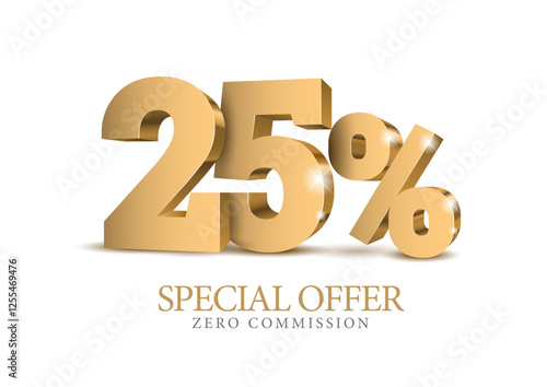 25 percent number. Ten number in gold 3d. Poster template for discount forty percent, sale discount, work progress. Vector illustration