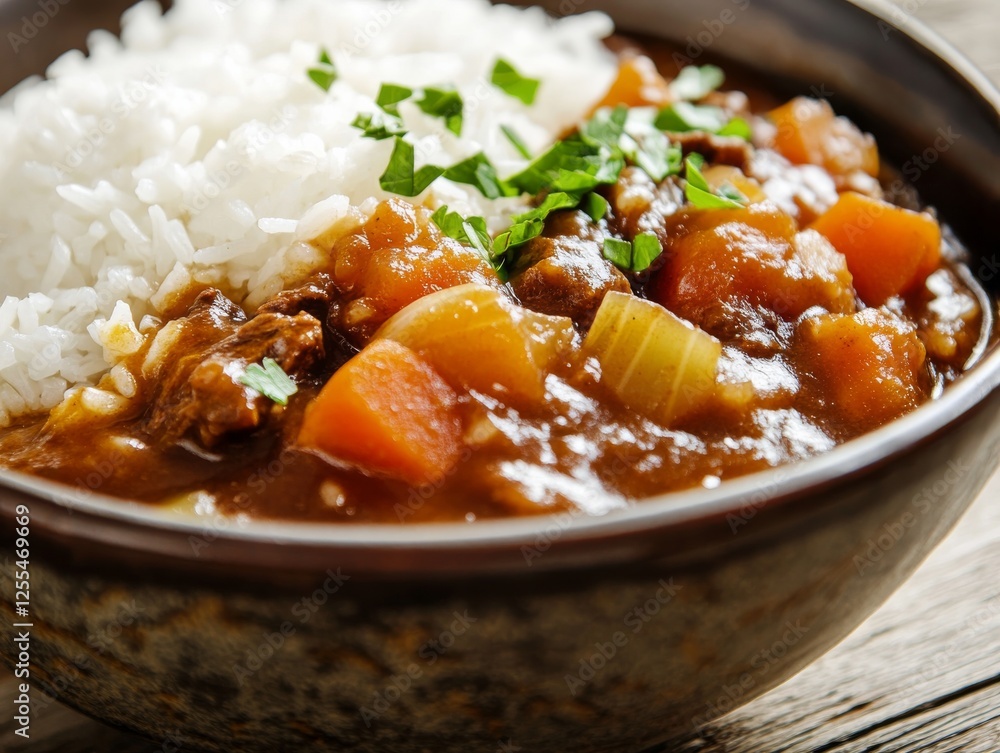 A savory bowl of rice with beef stew and root vegetables. Featuring a hearty and comforting dish with rich flavors. Highlighting a satisfying and robust meal. Ideal for beef recipes and comfort food.