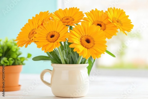 Wallpaper Mural Vibrant yellow gerbera daisies in a white vase on a bright table with greenery Torontodigital.ca
