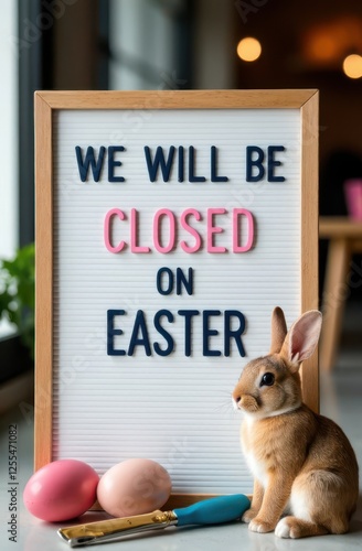 Brown easter bunny sitting next to closed sign We will be closed on Easter and painted eggs