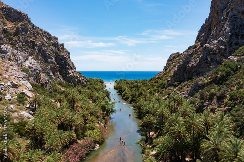 Drone view of Preveli Beach and Kourtaliotiko Gorge with palm grove on Crete's south coast, Greece photo