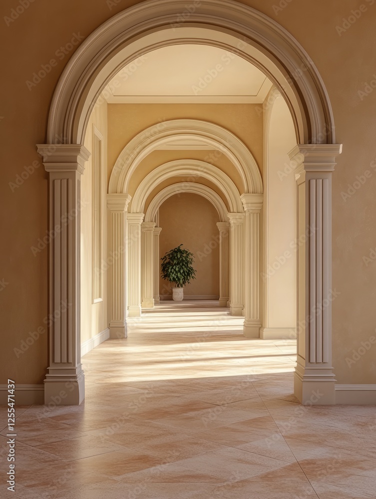 Elegant Arched Hallway with Plant at the End, Interior Architecture Elegant Arched Hallway with Plant at the End, Interior Architecture