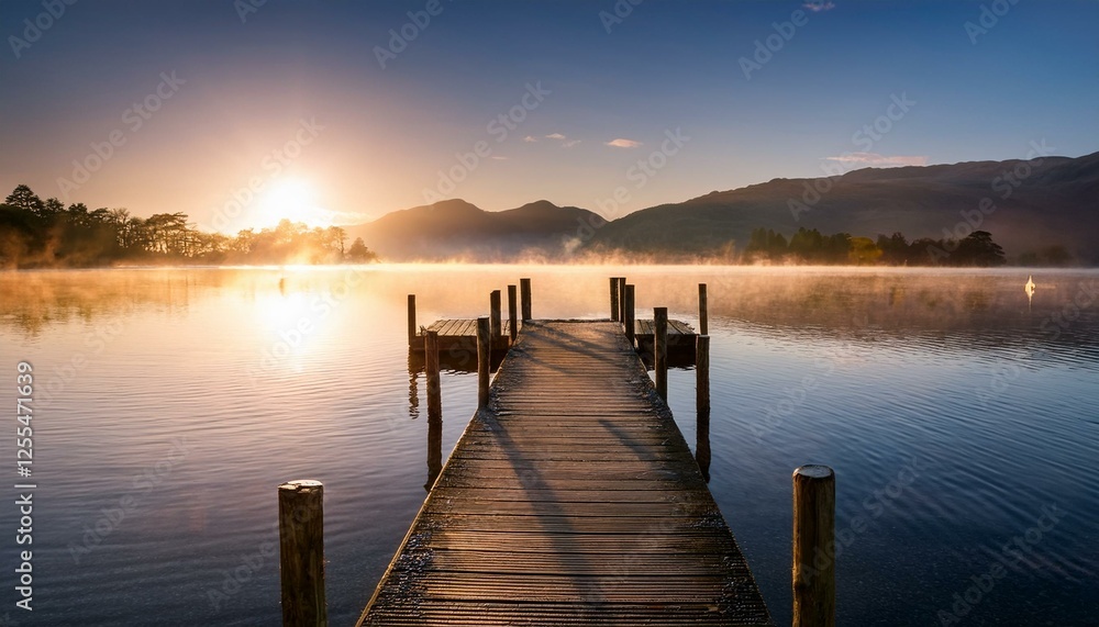 Fototapeta premium beautiful misty sunrise with wooden jetty at derwentwater in the lake district uk
