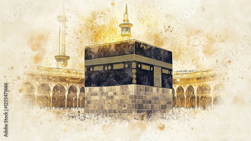 Artistic Watercolor Depiction of the Kaaba in Mecca, Saudi Arabia A Sacred Site for Muslims Worldwide