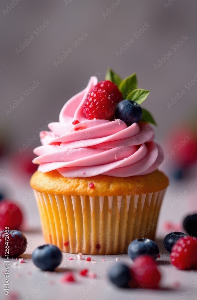 Delicious cupcake decorated with pink frosting, raspberries and blueberries Delicious cupcake decorated with pink frosting, raspberries and blueberries