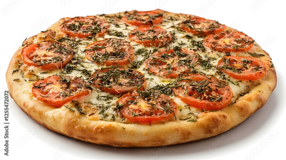 Delicious homemade pizza with fresh tomatoes mozzarella cheese and aromatic herbs on white Delicious homemade pizza with fresh tomatoes mozzarella cheese and aromatic herbs on white