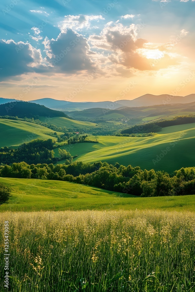 Obraz premium Rolling hills of green landscape with sunlight and clouds in the sky at golden hour