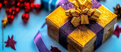 Gold Gift Box with Purple Ribbon and Festive Decorations
