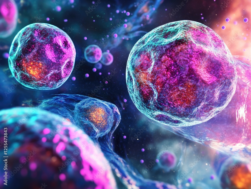 Naklejka premium Microscopic View of Human Stem Cells with Detailed Structures and Color