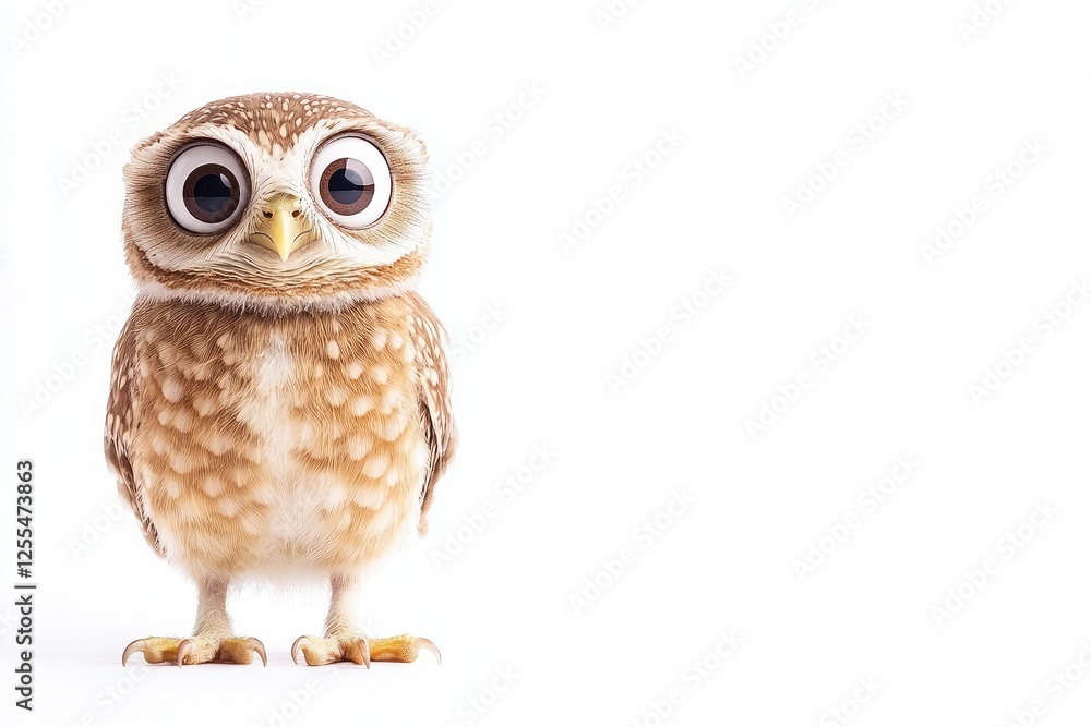 Fototapeta premium Cute young owl standing on white background, showcasing its large eyes and fluffy feathers