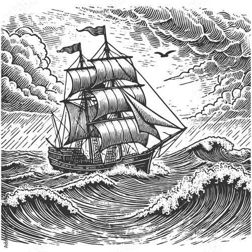 tall sailing ships navigating stormy seas, with dramatic clouds and waves, evoking maritime adventure sketch engraving generative ai vector illustration. Scratch board imitation. Black and white image