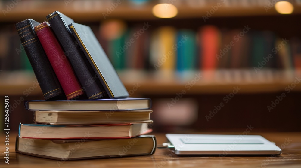 Stacked Books with Notepad on Wooden Table in Cozy Library Setting Stacked Books with Notepad on Wooden Table in Cozy Library Setting