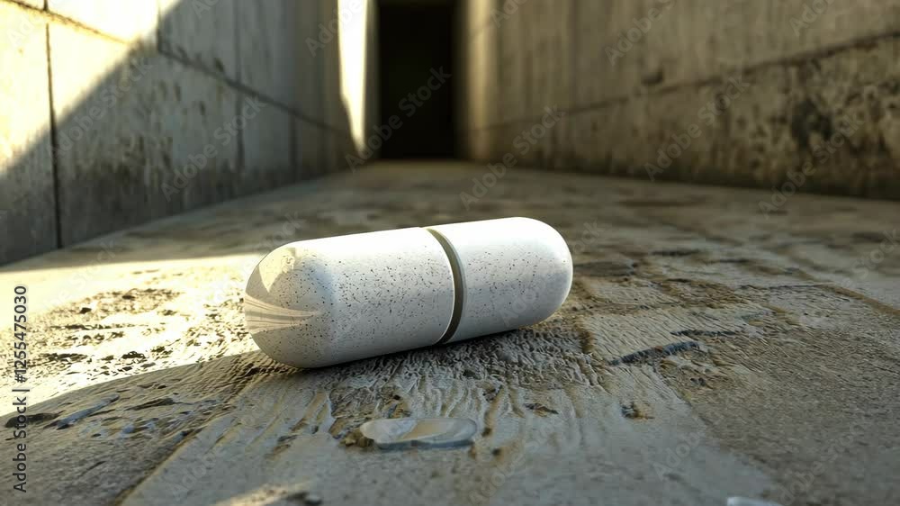 White capsule lies abandoned on a dusty concrete surface in a narrow, dimly lit passageway during the late afternoon White capsule lies abandoned on a dusty concrete surface in a narrow, dimly lit passageway during the late afternoon