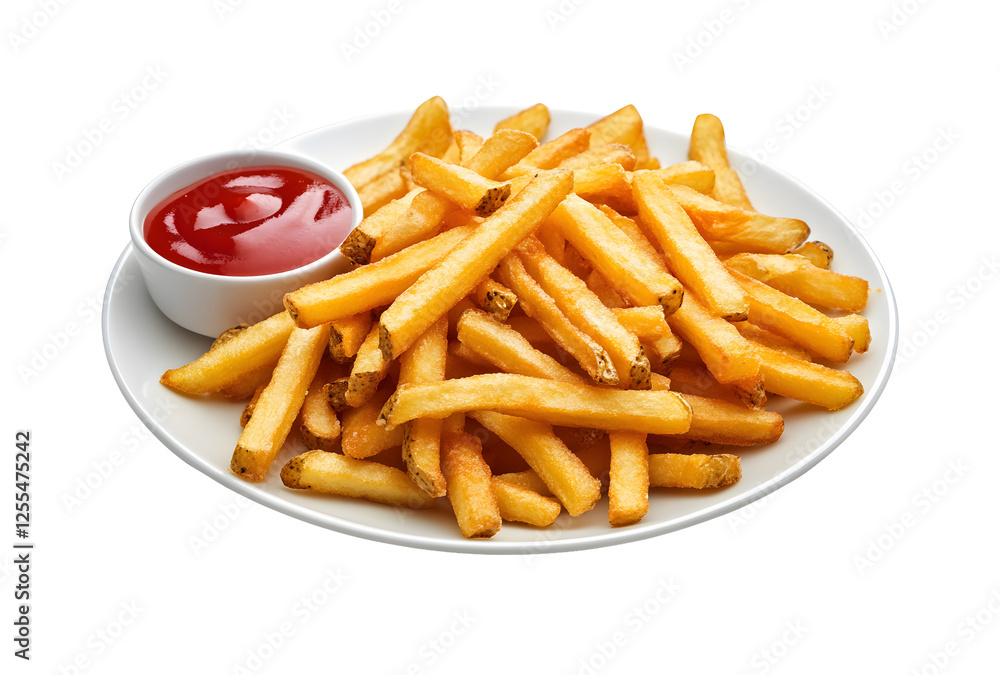 Crispy French Fries with Ketchup on a White Plate. Crispy French Fries with Ketchup on a White Plate.