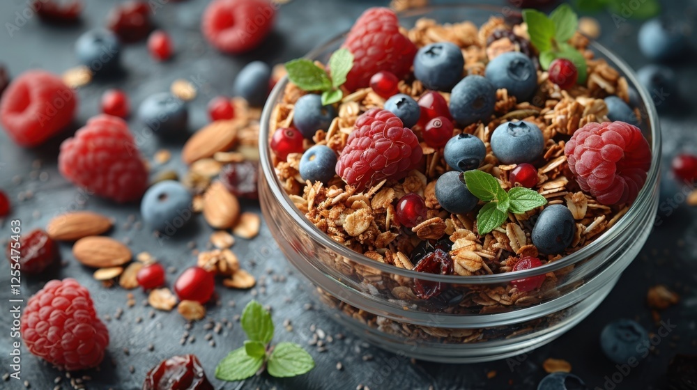 A glass jar of homemade granola with nuts, seeds, and dried fruit, bright natural light A glass jar of homemade granola with nuts, seeds, and dried fruit, bright natural light