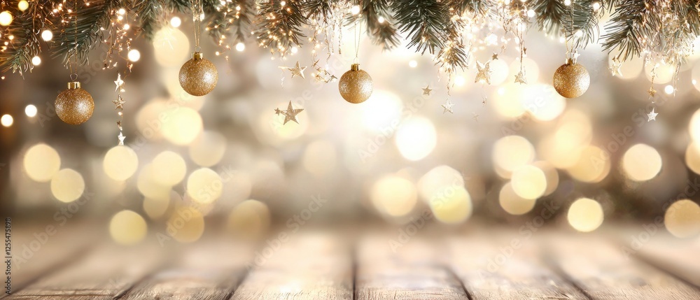 Golden Christmas Ornaments and Lights on Wooden Surface Golden Christmas Ornaments and Lights on Wooden Surface