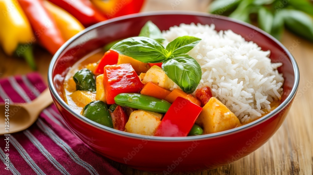 Thai curry with jasmine rice, vegetables, and basil leaves. Emphasizing spicy and aromatic nature, ideal for Thai cuisine and flavorful recipes with a colorful presentation. Thai curry with jasmine rice, vegetables, and basil leaves. Emphasizing spicy and aromatic nature, ideal for Thai cuisine and flavorful recipes with a colorful presentation.
