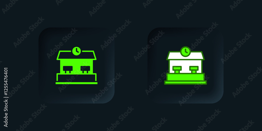 Green Railway station icon isolated on black background. Black square button. Vector Green Railway station icon isolated on black background. Black square button. Vector