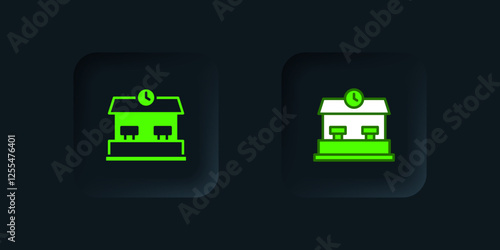 Green Railway station icon isolated on black background. Black square button. Vector