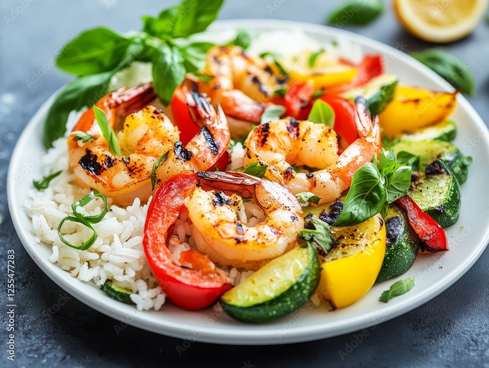 A vibrant plate of rice with grilled shrimp and vegetables. Featuring colorful vegetables and succulent shrimp. Highlighting a healthy and flavorful meal. Ideal for seafood recipes and summer dining. A vibrant plate of rice with grilled shrimp and vegetables. Featuring colorful vegetables and succulent shrimp. Highlighting a healthy and flavorful meal. Ideal for seafood recipes and summer dining.