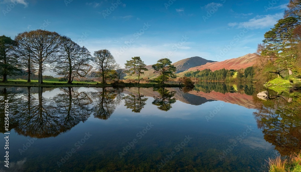 perfect mirror reflection of trees and mountain in small lake tarn near coniston in the lake district uk