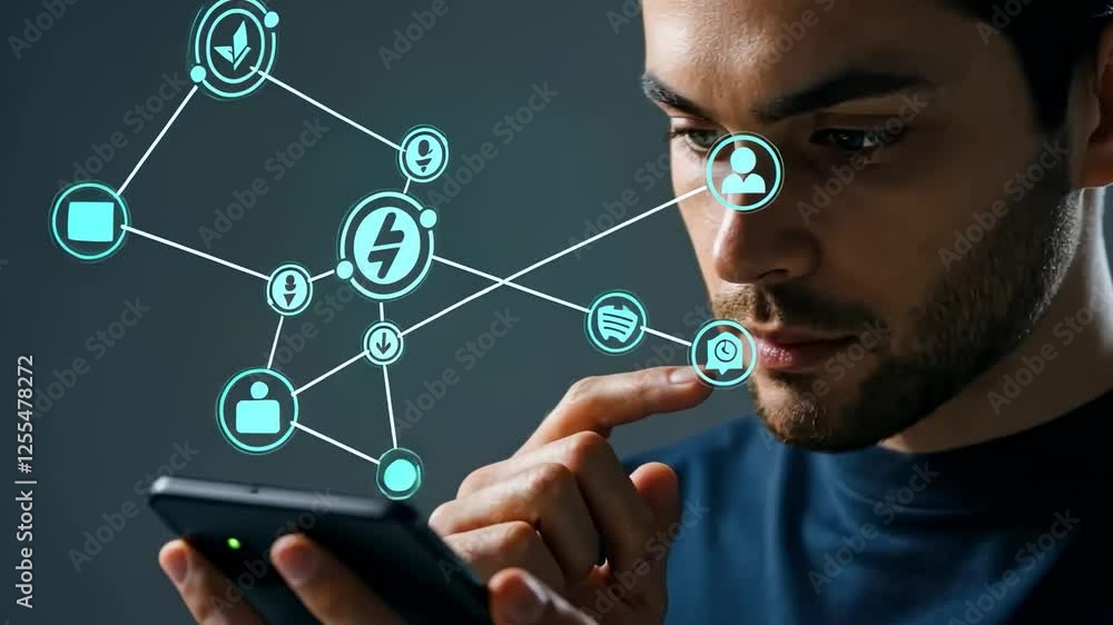 Person engaging with augmented reality network interface on smartphone Person engaging with augmented reality network interface on smartphone