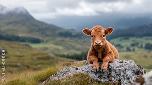 A charming calf, with fluffy fur and an innocent gaze, rests on a rock amidst stunning mountainous scenery, capturing the serenity of nature and rural life beautifully.
