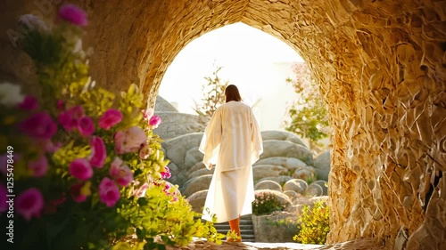 Happy Easter Jesus Christ is walking out of his tomb after the resurrection messiah, bathed in bright sunlight video 4k