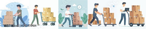 male character vector pushing a shopping cart