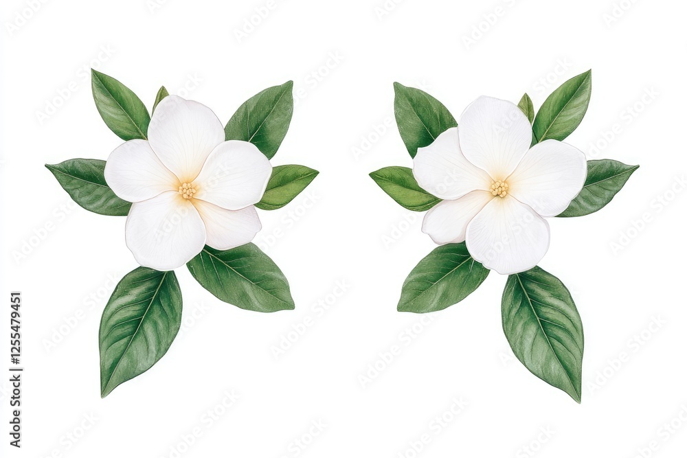 Two elegant white flowers with green leaves on a clean background, ideal for design Two elegant white flowers with green leaves on a clean background, ideal for design