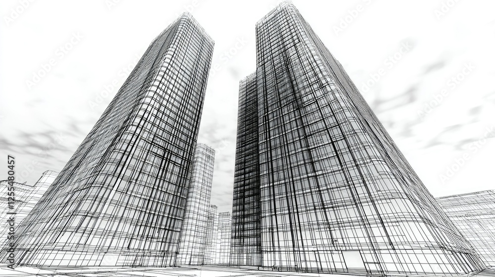 Fototapeta premium Architectural Wireframe Rendering of Two Modern Skyscrapers