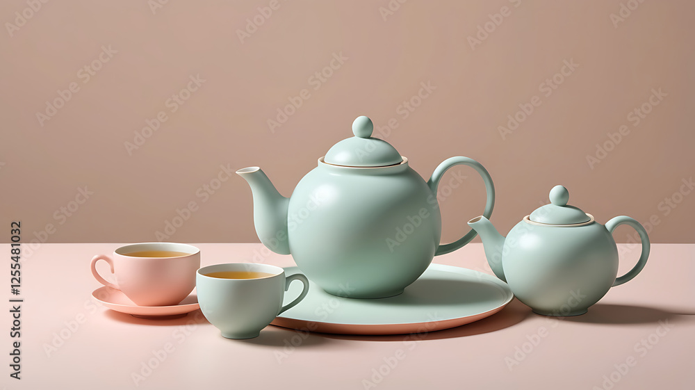 A graceful drinking tea arrangement with setting beauty teapot and matching teacup on a background. A graceful drinking tea arrangement with setting beauty teapot and matching teacup on a background.