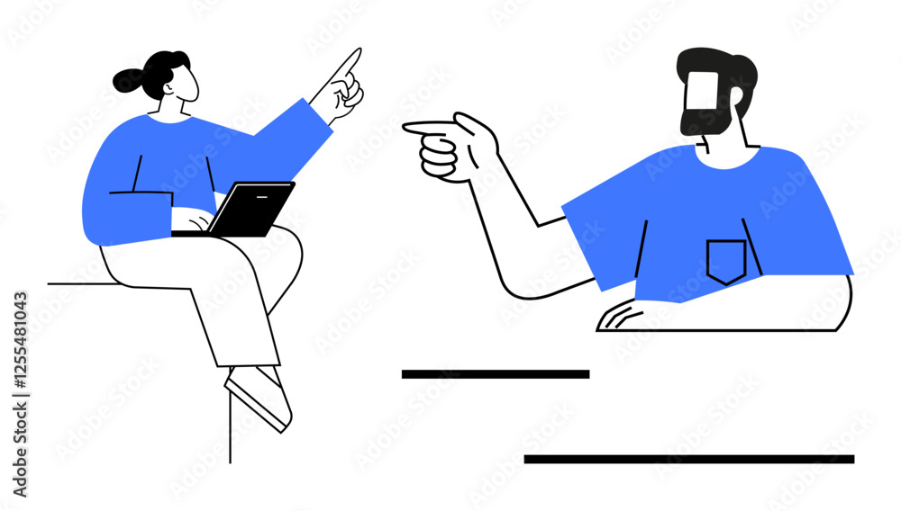 Two people pointing while one uses a laptop, portraying teamwork, discussion, and decision-making. Ideal for business, collaboration, remote work, communication, teamwork digital interaction Two people pointing while one uses a laptop, portraying teamwork, discussion, and decision-making. Ideal for business, collaboration, remote work, communication, teamwork digital interaction