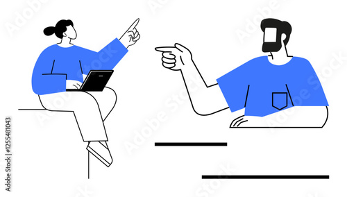 Two people pointing while one uses a laptop, portraying teamwork, discussion, and decision-making. Ideal for business, collaboration, remote work, communication, teamwork digital interaction