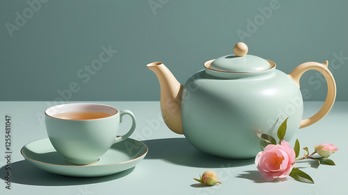 A graceful drinking tea arrangement with setting beauty teapot and matching teacup on a background.