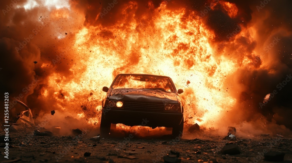 A car engulfed in flames explodes in a dramatic burst of fire and smoke, showcasing the raw power and intensity of an action-packed moment captured in stunning detail. A car engulfed in flames explodes in a dramatic burst of fire and smoke, showcasing the raw power and intensity of an action-packed moment captured in stunning detail.