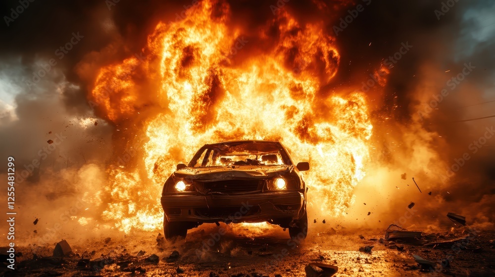 A mesmerizing moment captured as a car detonates, producing a massive explosion that lights up the surroundings with brilliant orange flames and scattered debris. A mesmerizing moment captured as a car detonates, producing a massive explosion that lights up the surroundings with brilliant orange flames and scattered debris.